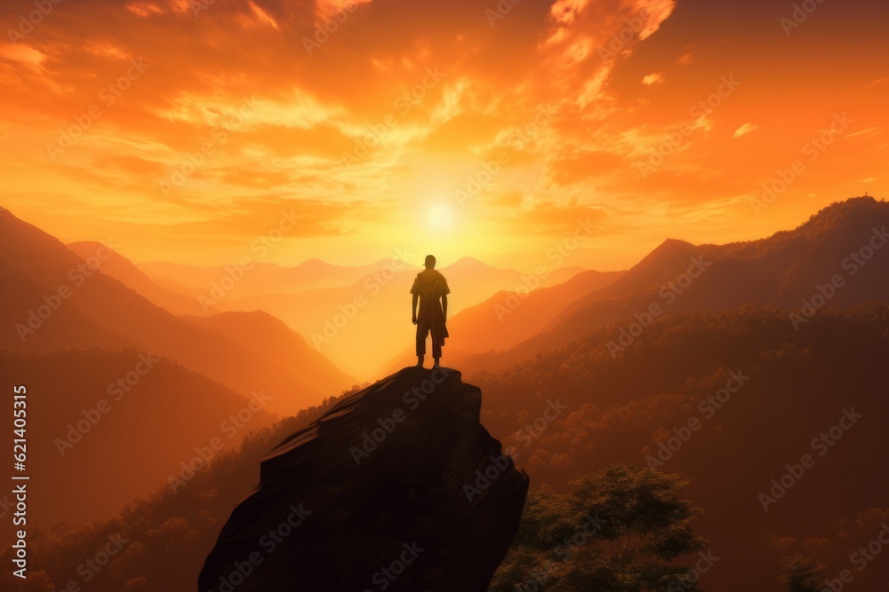 Achieve Your Dreams: Man Reaches the Summit and Faces the Sun Generative AI