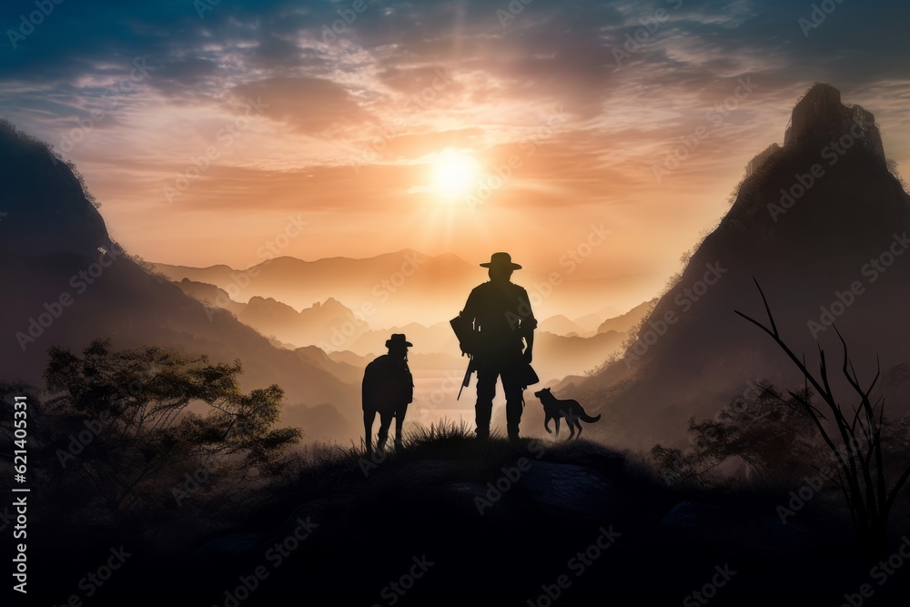 Loving Couple Enjoys Stunning Mountain View with Their Dogs Generative AI