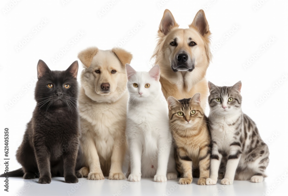 Pets Galore: 6 Cats and a Dog in Front of a White Background. Generative AI