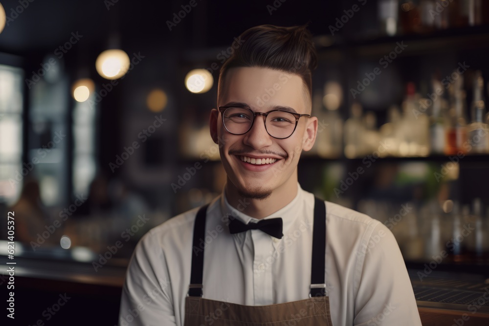 Obraz premium Young Smiling Cafeteria Server Serving Customers with a Smile! Generative AI