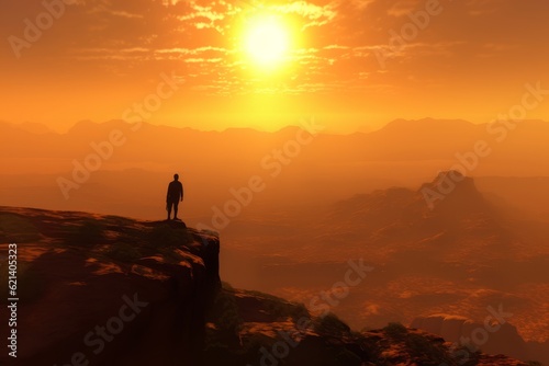 Achieving Success: Man Standing on Top of Mountain and Gazing at the Sunrise Generative AI