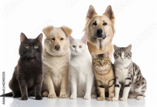 Pets Galore: 6 Cats and a Dog in Front of a White Background. Generative AI