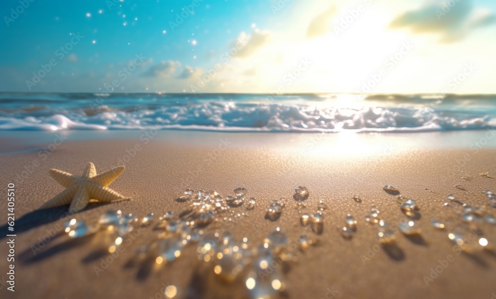 Breathtaking Beach View with Glittering Bokeh Sand and Water Generative AI