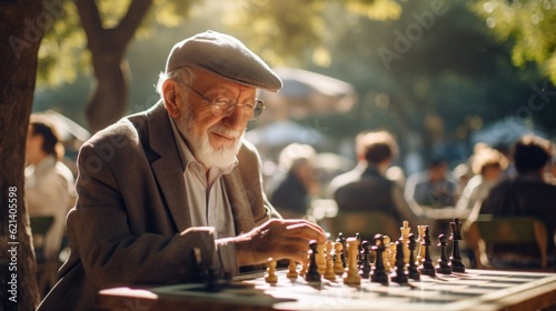 An old man playing a game of chess. Generative AI image.