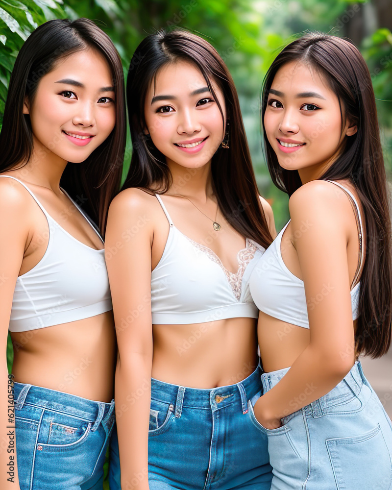 Portrait of three beautiful young asian women in white top and jeans. Generative AI Portrait of three beautiful young asian women in white top and jeans. Generative AI
