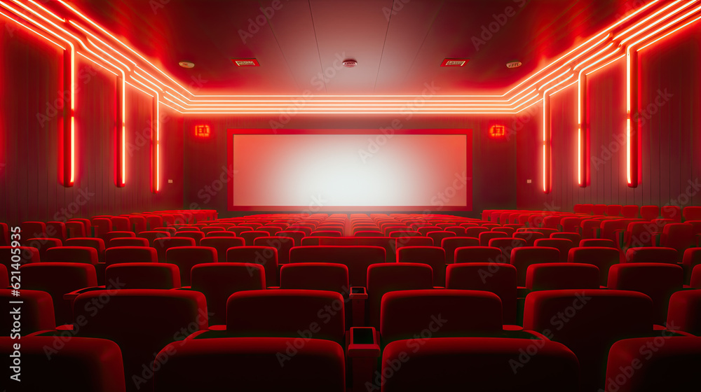 Fototapeta premium an empty movie theater with a red screen and red seats. no people Generative AI