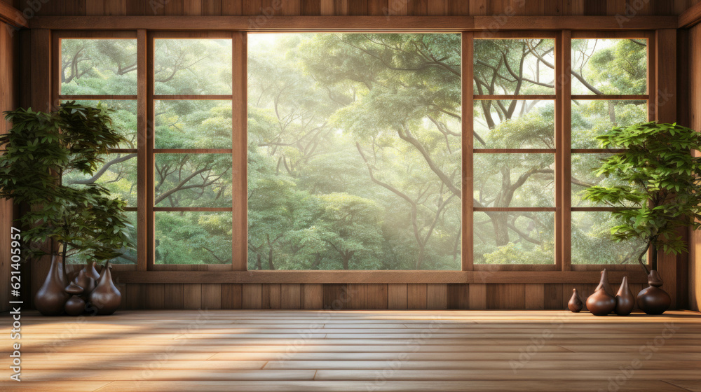 empty modern room in japanese style with a lot of wood and opened large windows in the background is a green forest. Generative AI