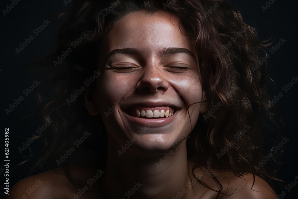Happy Woman with Closed Eyes Smiles Contently - Woman Stock Photo. Generative AI Happy Woman with Closed Eyes Smiles Contently - Woman Stock Photo. Generative AI