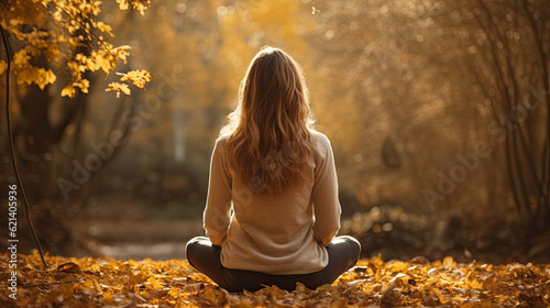 a young woman with long hair sits cross-legged in the forest and meditates. mental relaxation in the fresh air. back view. Generative AI