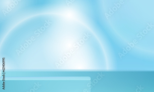 Vector empty modern blue color table for pedestal product display, summer natural with blue sky