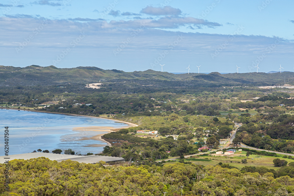 View to bay and wind turbines Albany, Western Australia