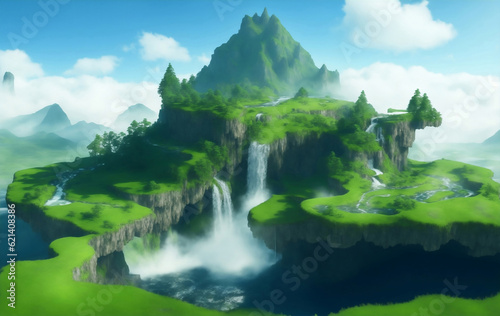 Green land with waterfalls and mountains, Generative AI Illustration.