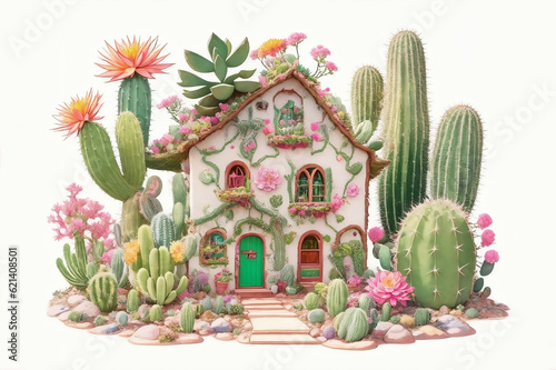A Cute cactus fairy house, Generative AI Illustration.