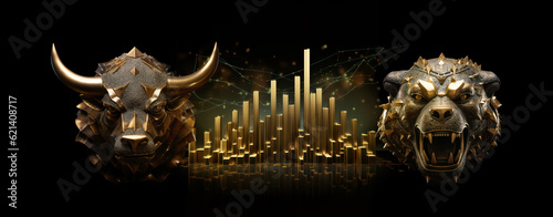 bull and bear financial infograhic stock market chart award in gold and black color with copyspace area as wide banner - Generative AI
