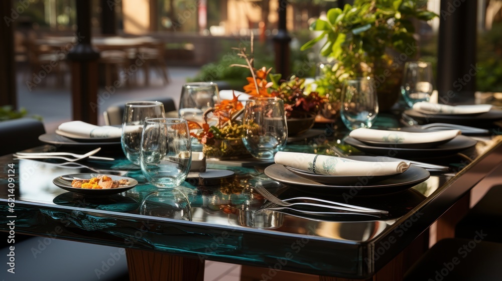Transparent glass plates are used on the dining tables of high - end restaurants Transparent glass plates are used on the dining tables of high - end restaurants