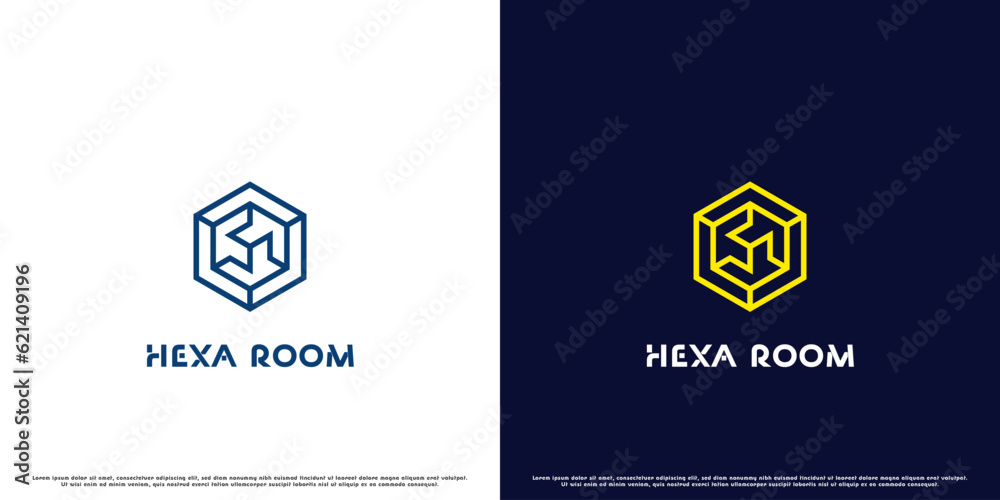Hexagon space logo design illustration. Flat line silhouette simple abstract unique minimalist geometric creative modern hexagon shape and 3 door room pattern building home interior decoration. Hexagon space logo design illustration. Flat line silhouette simple abstract unique minimalist geometric creative modern hexagon shape and 3 door room pattern building home interior decoration.