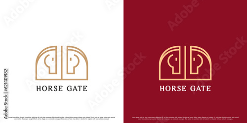 Horse gate logo design illustration. Simple minimalistic geometric flat line silhouettes of luxury fence buildings and dashing charming twin horse head animals. Elite housing exterior building icon.