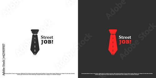 Job seeker logo design illustration. Flat silhouette of asphalt road combination and modern simple minimalist creative tie. Business symbol icon looking for a job corporate employee profession.