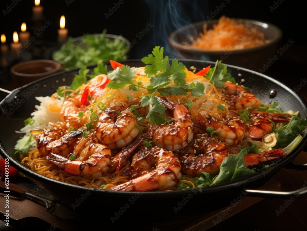 STYLE: Close - up Shot | GENRE: Asian | EMOTION: Spicy | SCENE: Prawn and noodles being held above a steaming hot ramen with prawns | TAGS: Spicy, comforting, STYLE: Close - up Shot | GENRE: Asian | EMOTION: Spicy | SCENE: Prawn and noodles being held above a steaming hot ramen with prawns | TAGS: Spicy, comforting,