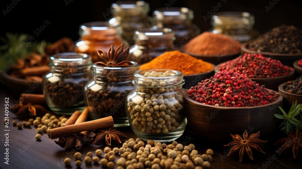 Colorful spices on wooden table Colorful spices on wooden table