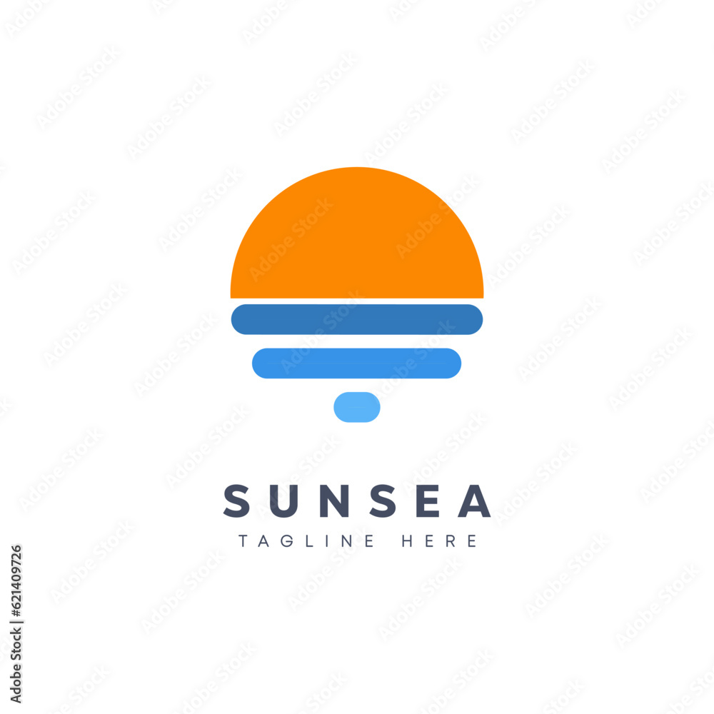 Flat vector illustration logo design Circular geometry Sun and Sea. 
