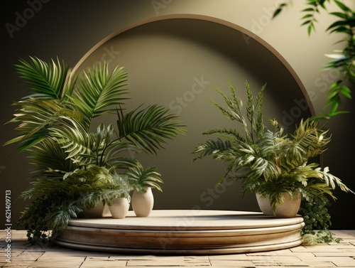 Rendering  modern  3D stage set design no products on table  empty product display  empty beauty product display  cylinder display  palm foliage decoration  
