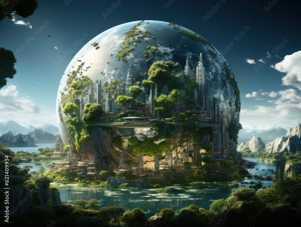 Rendered in high definition, a blend of realistic photo style with a touch of fantasy, the planet features blue oceans covering half of its surface, with three major continental plates prominently dis Rendered in high definition, a blend of realistic photo style with a touch of fantasy, the planet features blue oceans covering half of its surface, with three major continental plates prominently dis