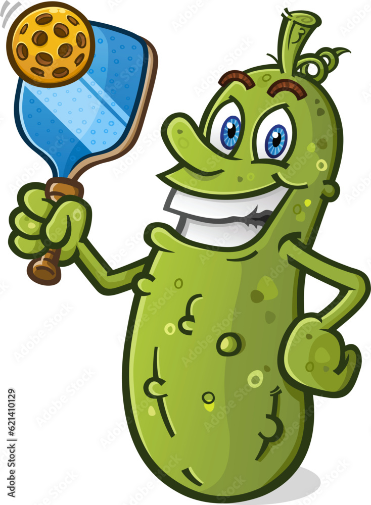 Cool pickleball cartoon character holding a pickle ball and racket with ...