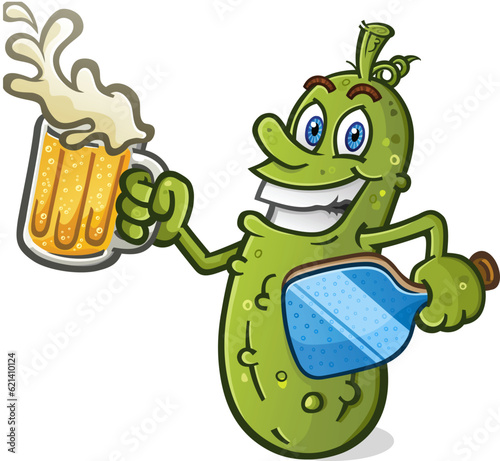 Cool pickle cartoon character with attitude holding a big cold frothy mug of light lager beer with splashing foam spilling over the rim ready for a good pickleball victory drink vector clip art