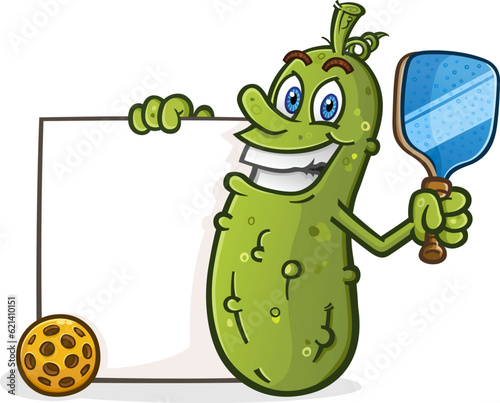 Cool pickleball with attitude holding a pickleball racket and a big blank poster sign perfect for a team announcement or a sporting schedule vector clip art
