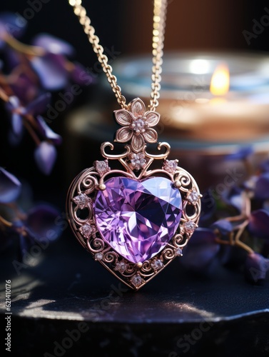 Purple gemstone necklace pendant design, luxurious, high - end, exquisite, with a purple dreamy background