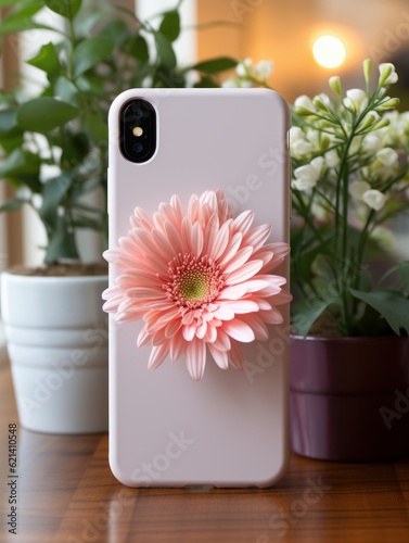 Plain iphone case mock up standing up right, pretty pink pastel colours, whites, clean, modern, sunflower