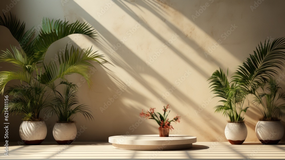 Minimal product placement background with palm shadow on plaster wall. Luxury summer architecture interior aesthetic. Minimal product placement background with palm shadow on plaster wall. Luxury summer architecture interior aesthetic.