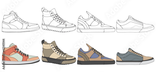 Set of shoes sneaker drawing vector, Sneakers drawn in a sketch style, bundling sneakers trainers template, vector Illustration.