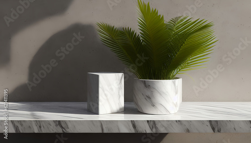 Modern minimal empty white marble stone counter table top, palm tree in sunlight, leaf shadow on concrete wall background for luxury organic cosmetic