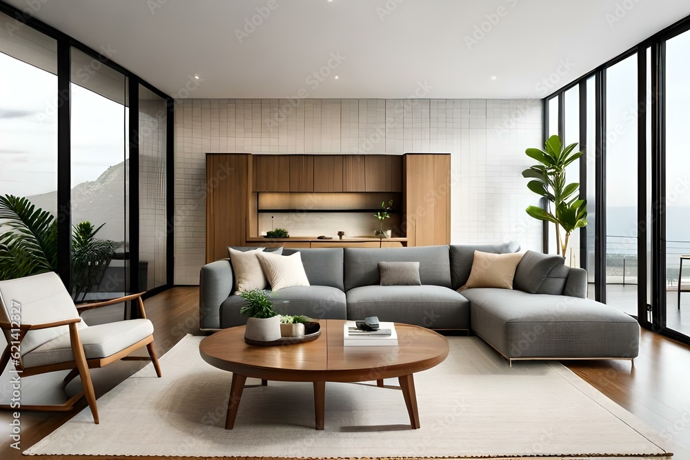 Modern open space interior with modular sofa design, furniture, wooden coffee table, plaid, pillows, tropical plants and personal accessories elegant in stylish home decor. Neutral living room.