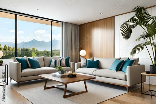 Modern open space interior with modular sofa design, furniture, wooden coffee table, plaid, pillows, tropical plants and personal accessories elegant in stylish home decor. Neutral living room.