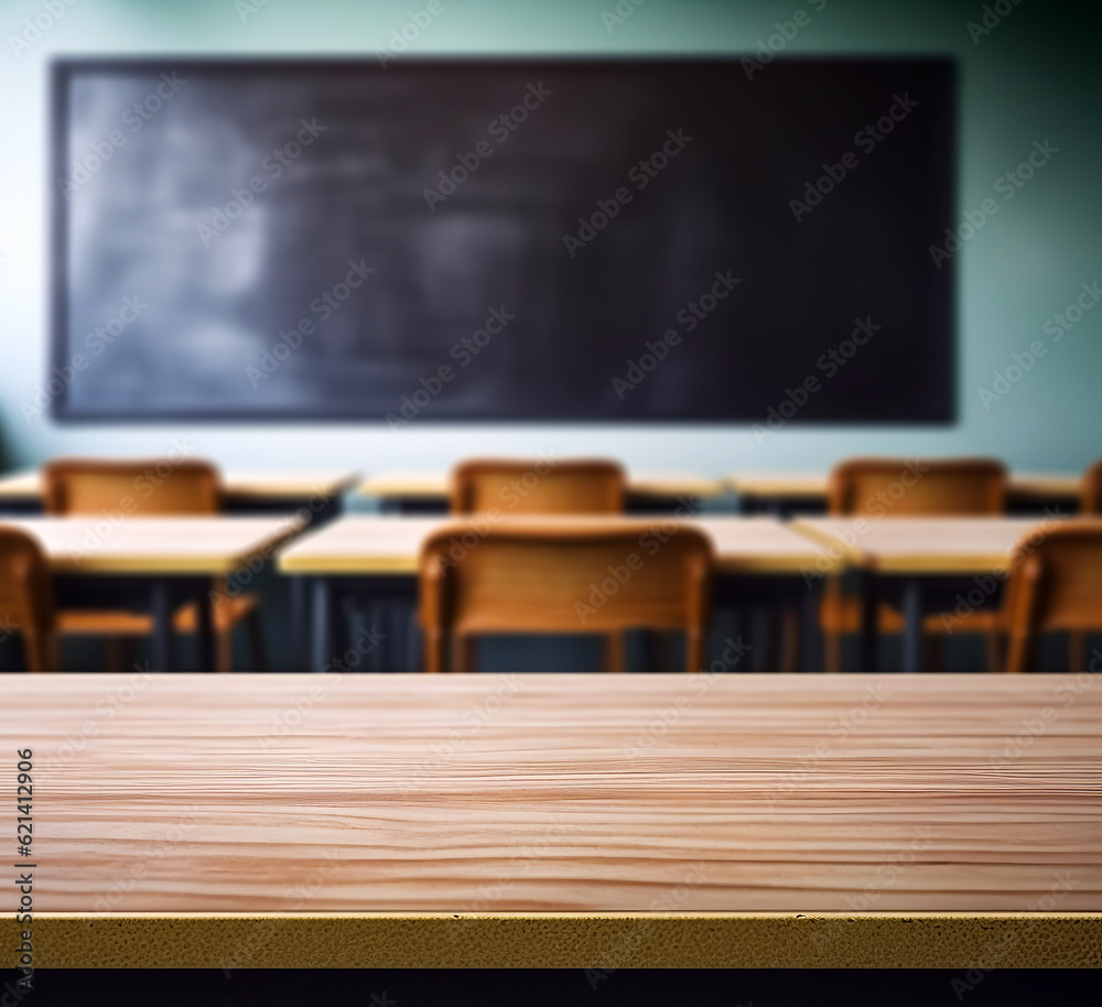 Empty front wood table with blurred empty class room Empty front wood table with blurred empty class room