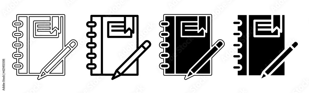 Black and white illustration of a notebook. Notebook icon collection with line. Stock vector illustration. Black and white illustration of a notebook. Notebook icon collection with line. Stock vector illustration.