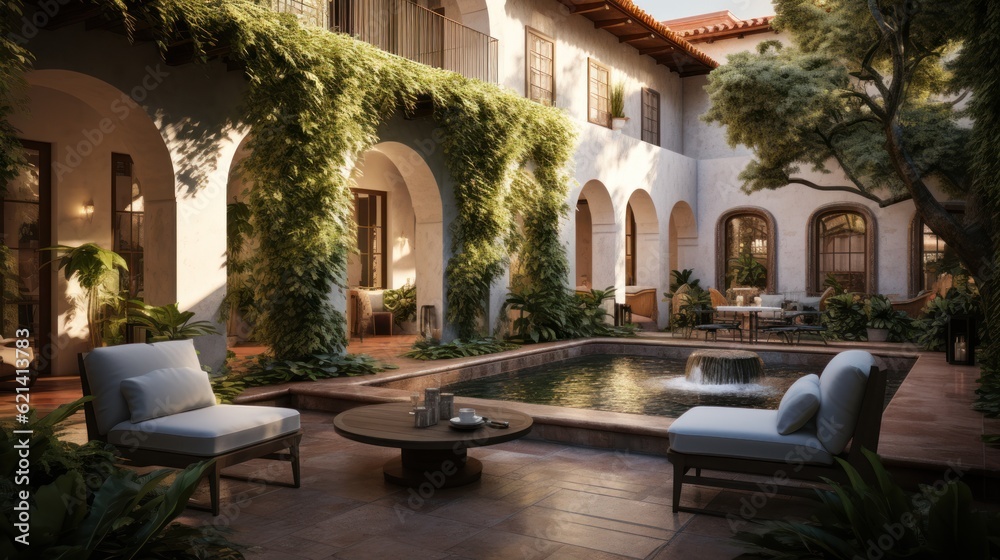 Private oasis, complete with a tranquil water feature, a Mediterranean garden, and cozy seating areas surrounded by tall cypress trees Private oasis, complete with a tranquil water feature, a Mediterranean garden, and cozy seating areas surrounded by tall cypress trees