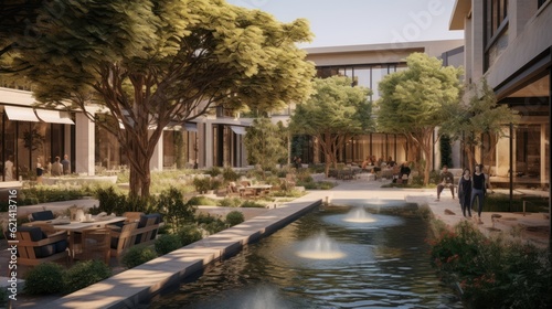 Private oasis, complete with a tranquil water feature, a Mediterranean garden, and cozy seating areas surrounded by tall cypress trees