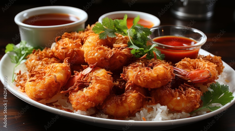 A plate of crispy and flavorful coconut shrimp with a sweet chili dipping sauce A plate of crispy and flavorful coconut shrimp with a sweet chili dipping sauce