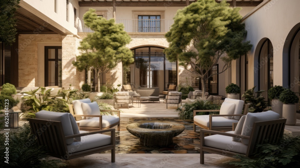 Private oasis, complete with a tranquil water feature, a Mediterranean garden, and cozy seating areas surrounded by tall cypress trees Private oasis, complete with a tranquil water feature, a Mediterranean garden, and cozy seating areas surrounded by tall cypress trees