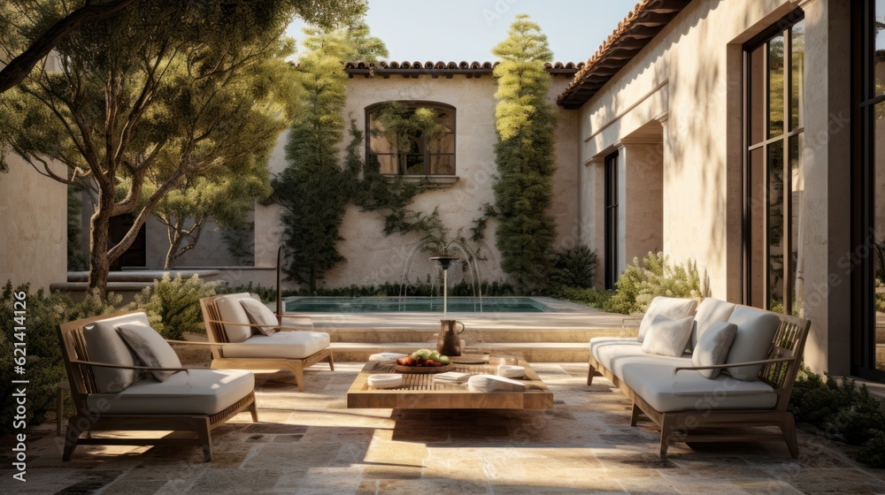 Private oasis, complete with a tranquil water feature, a Mediterranean garden, and cozy seating areas surrounded by tall cypress trees