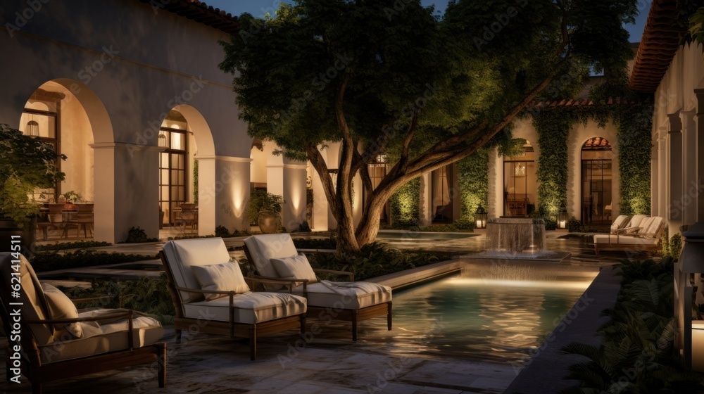 Private oasis, complete with a tranquil water feature, a Mediterranean garden, and cozy seating areas surrounded by tall cypress trees
