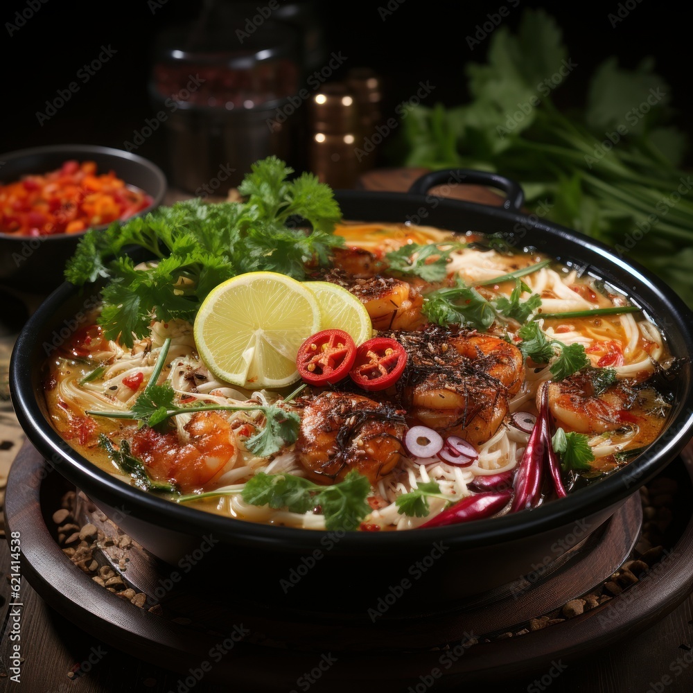 A bowl of laksa Sarawak, a popular Malaysian noodle soup dish made with vermicelli, shrimp, chicken and spicy coconut milk brooth. A bowl of laksa Sarawak, a popular Malaysian noodle soup dish made with vermicelli, shrimp, chicken and spicy coconut milk brooth.