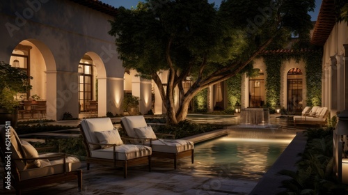 Private oasis, complete with a tranquil water feature, a Mediterranean garden, and cozy seating areas surrounded by tall cypress trees © Damian Sobczyk