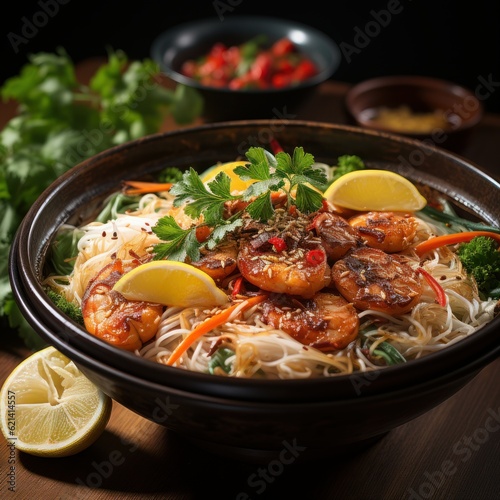 A bowl of laksa Sarawak, a popular Malaysian noodle soup dish made with vermicelli, shrimp, chicken and spicy coconut milk brooth.