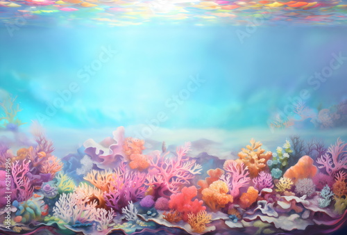 aquarium colorful coral frame backdrop template with copy space  illustration made with generative ai 