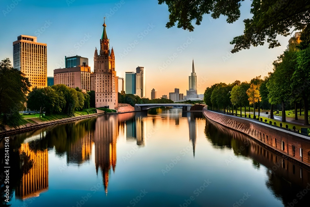 Fototapeta premium city canal at sunset Generative AI